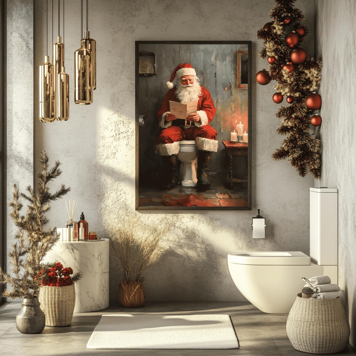 Funny Santa Claus Reading His Mail on the Toilet Vintage Bathroom Poster - Image 3