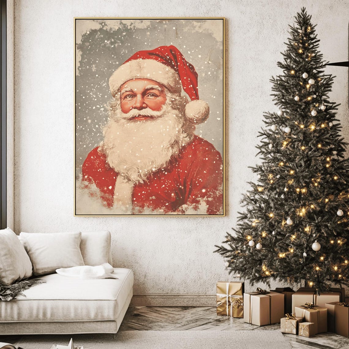 Warm Vintage Santa Claus Close-Up Portrait in Falling Snow Art Print - Image 2