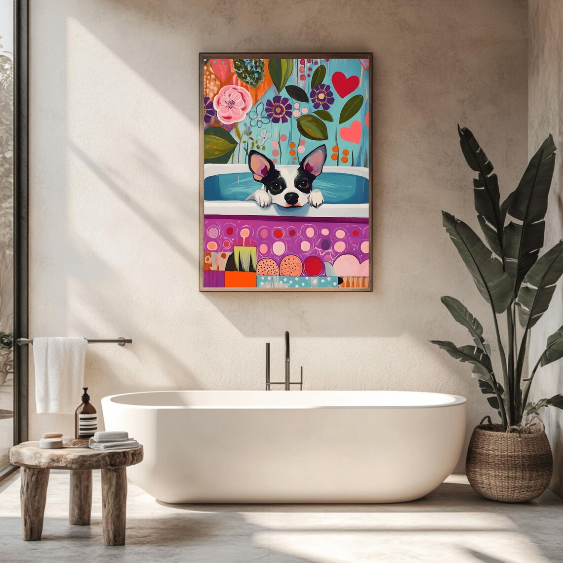 Cute Boston Terrier Puppy in Bathtub Colorful Floral Funny Poster - Image 2