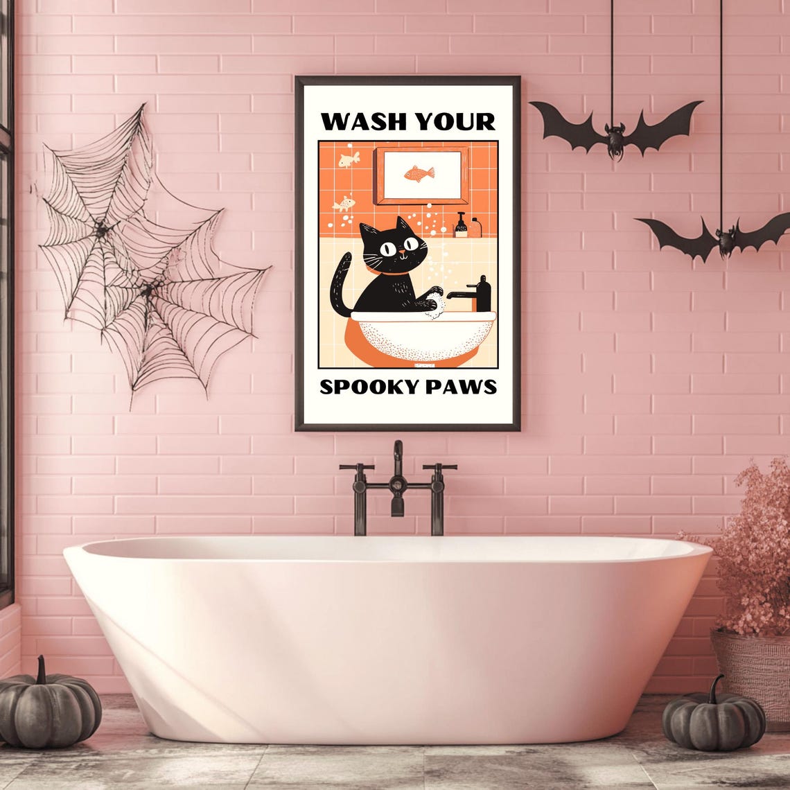 Wash Your Spooky Paws Black Cat Halloween Bathroom Humor Poster - Image 3