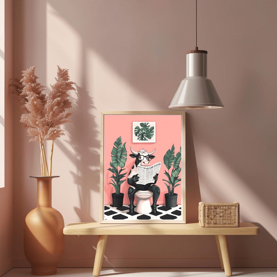 Funny Cow with Glasses Reading Newspaper on a Coral Toilet Poster - Image 2