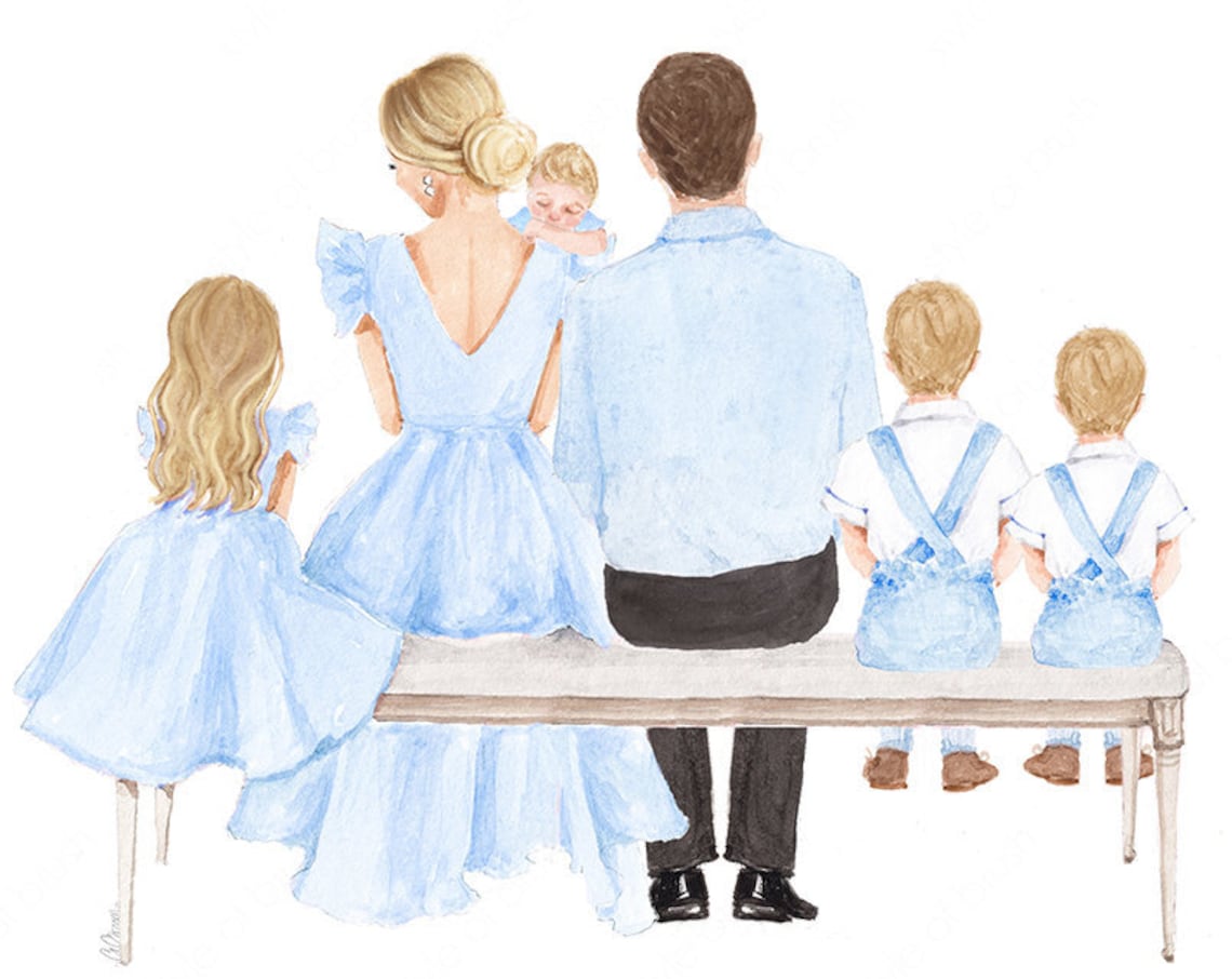 Family of Five in Blue Outfits Seated Together on a Bench Poster