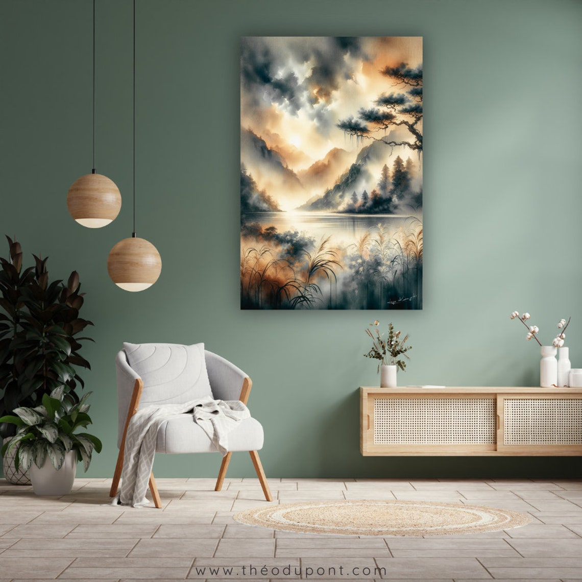 Misty Mountain Sunset Amber Triptych Three Panel Watercolor Art Poster - Image 2