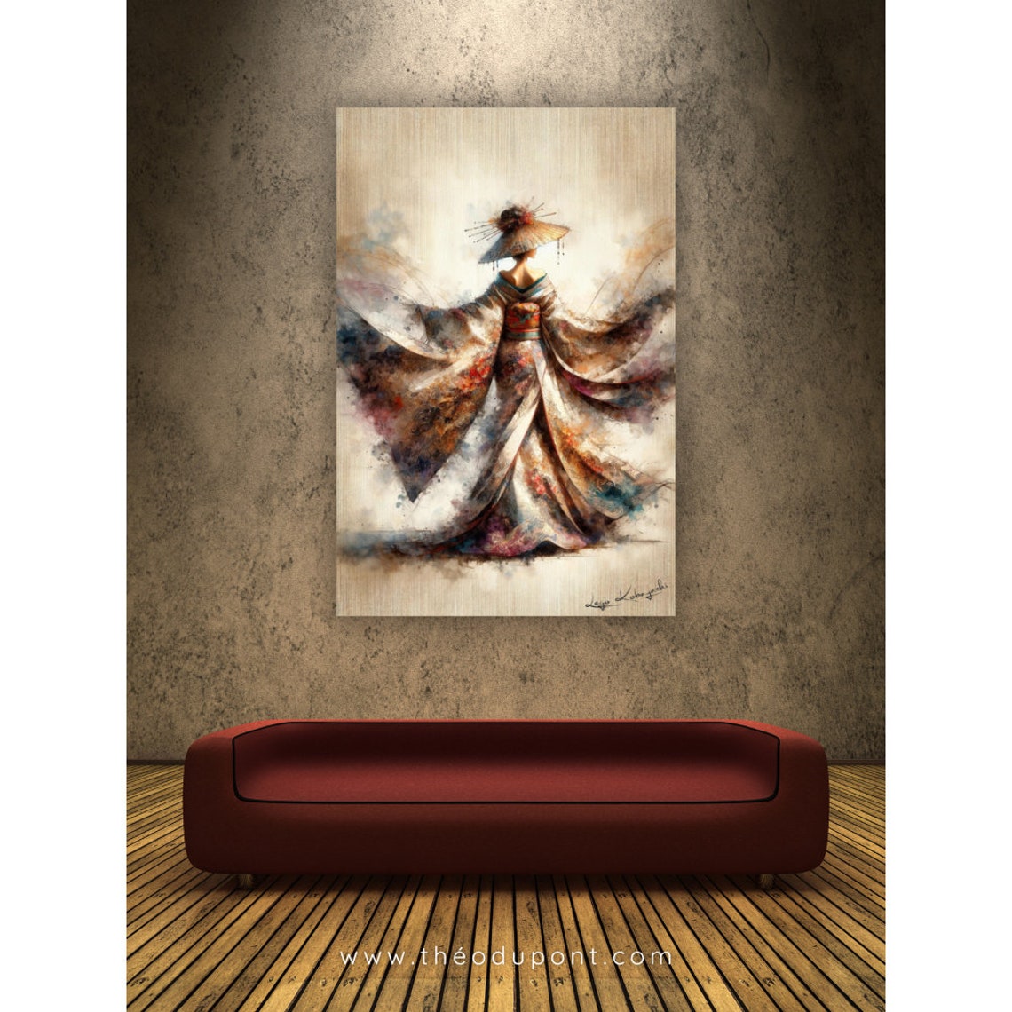 Japanese Geisha Back View Parasol Hat Flowing Kimono Watercolor Poster - Image 2