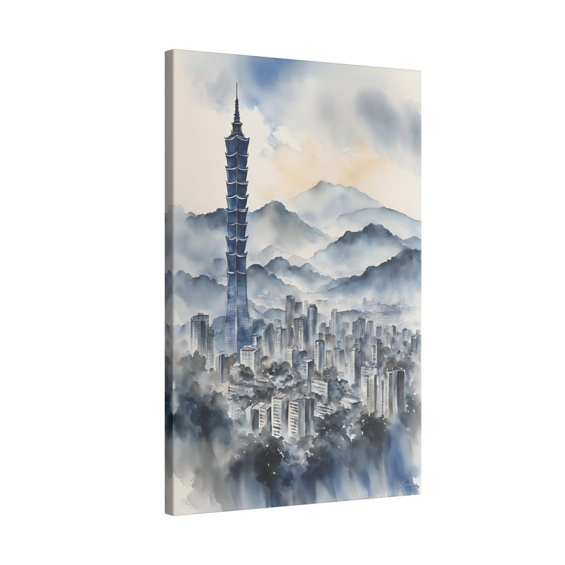 Taipei 101 Taiwan Skyline Misty Mountain City Watercolor Travel Poster - Image 2