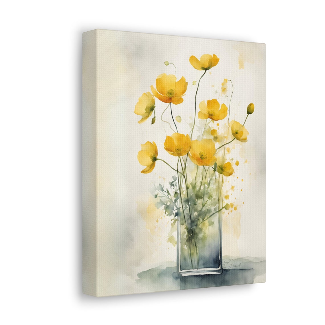 Yellow Buttercup Bouquet Glass Vase Watercolor Botanical Art Print