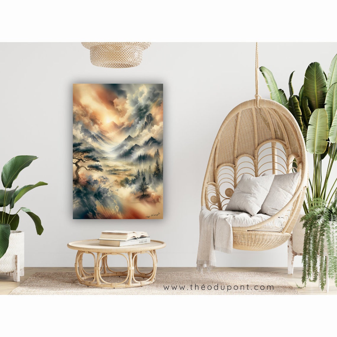 Japanese Pagoda Cherry Blossom Cliff Misty Mountains Jewel Art Poster
