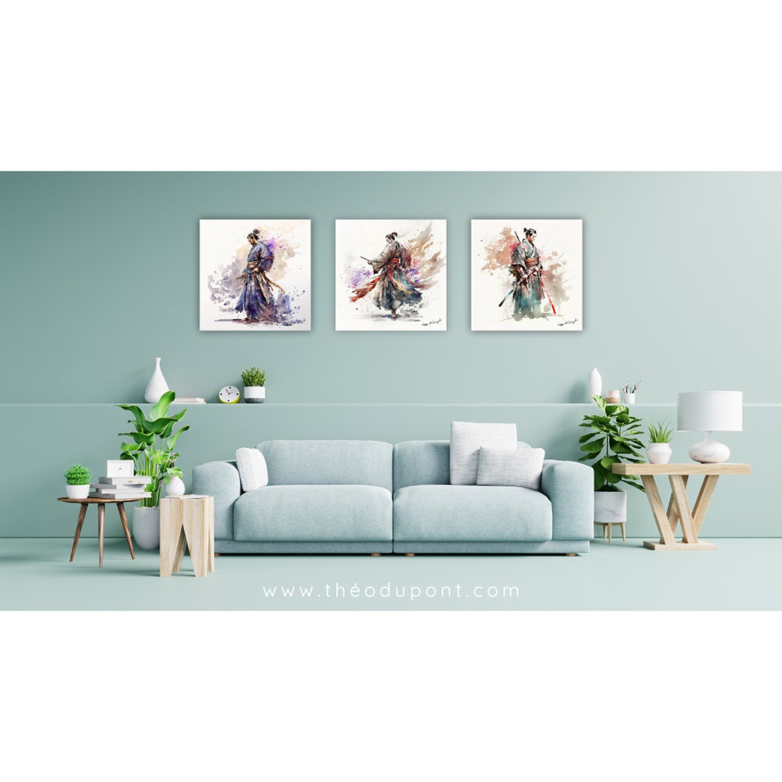 Japanese Samurai Walking Away Katana Splash Watercolor Wind Art Poster - Image 2
