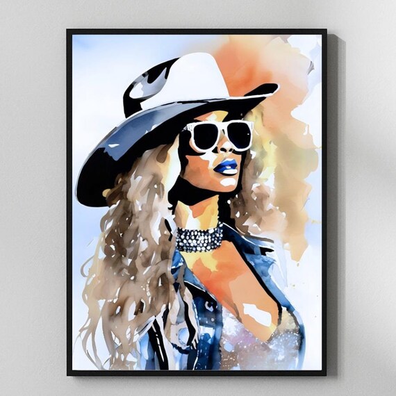 Beyonce Cowboy Carter Hat Sunglasses Colorful Watercolor Poster
