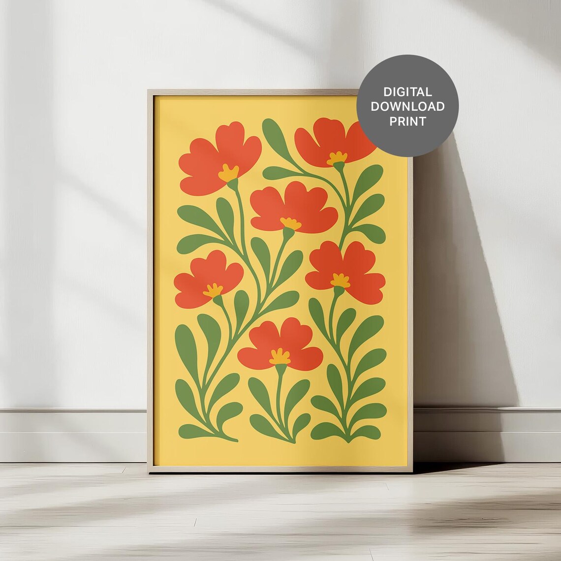 Red Folk Art Flowers on Sunny Yellow Modern Botanical Poster