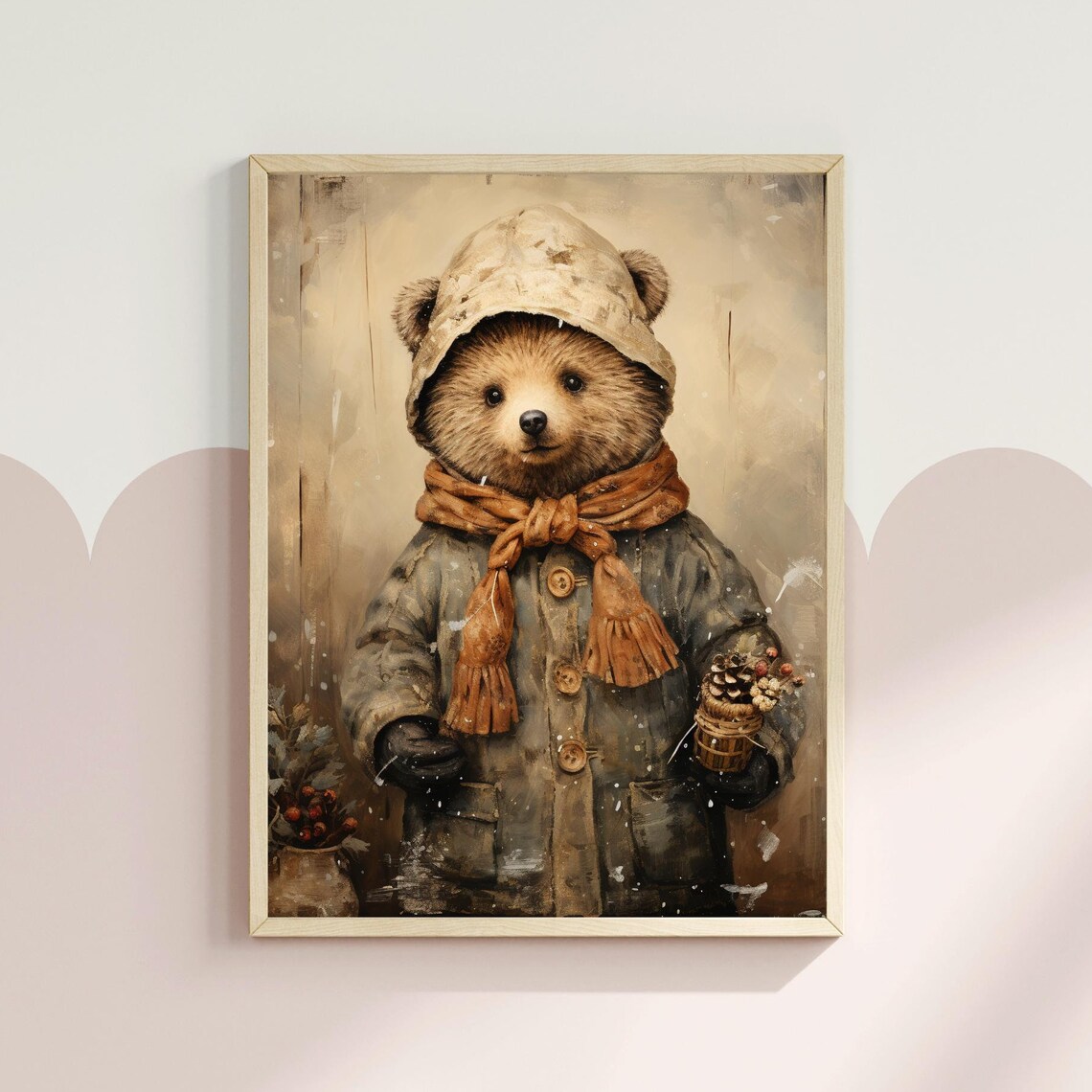 Woodland Bear Cub Winter Coat Poster Vintage Rustic Nursery Room Decor