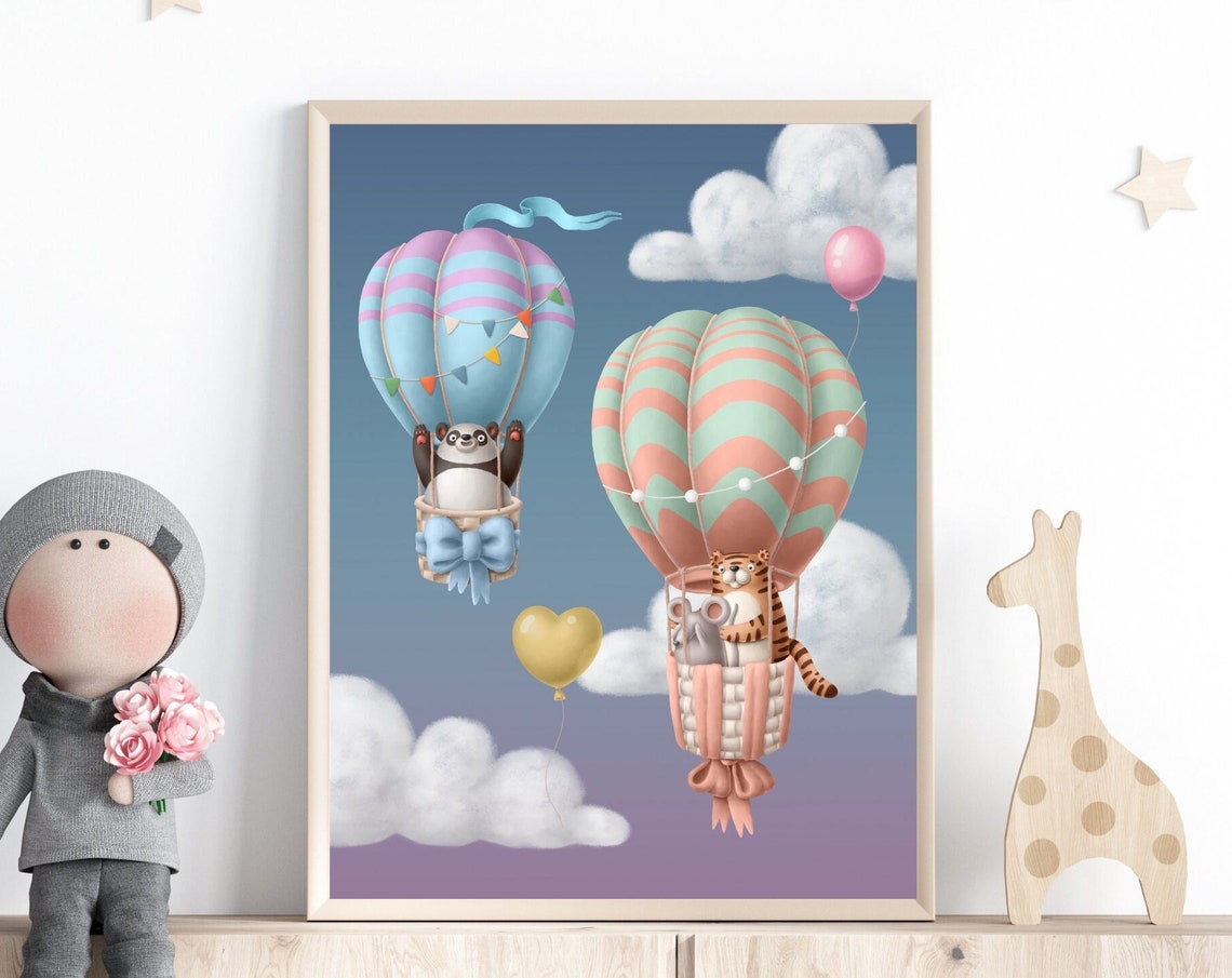 Hot Air Balloon Decor Animal Art Print Nursery Wall Art Adventure Print Art For Kids Room Baby Girl Nursery Decor Baby Shower Gift