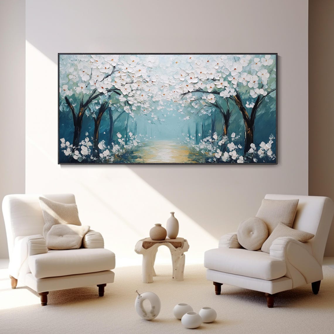 White Cherry Blossom Trees River Path 3D Textured Art Poster - Image 3