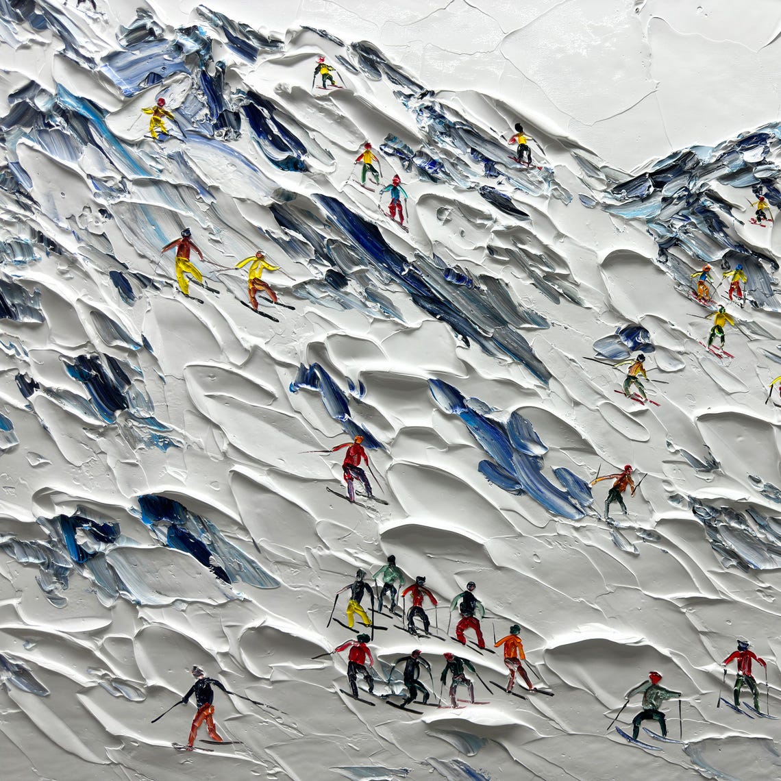 Aerial Ski Resort Tiny Skiers White Snow Texture Painting Poster - Image 2