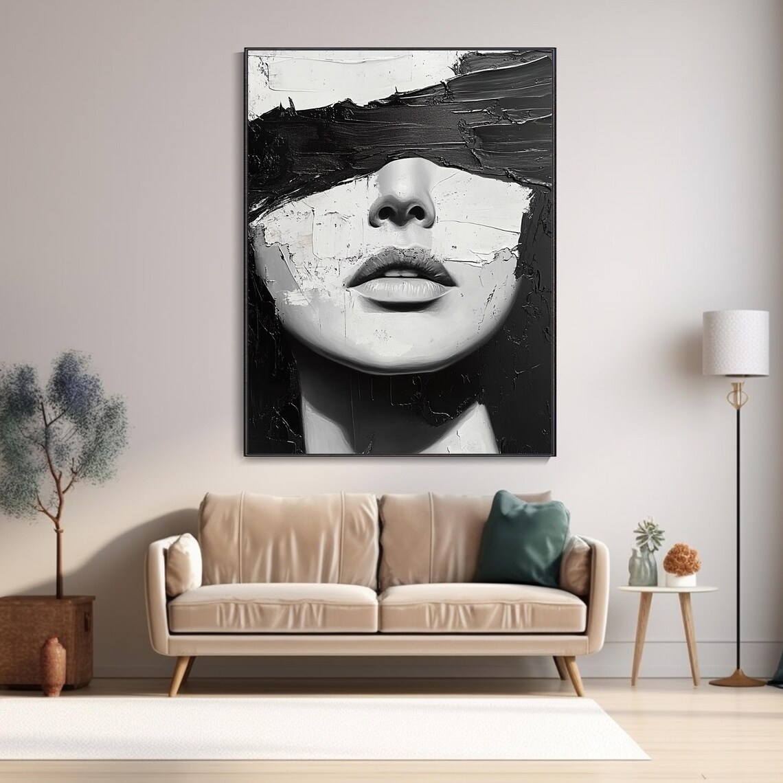 Black White Abstract Woman Face Portrait Eyes Covered Oil Poster - Image 3