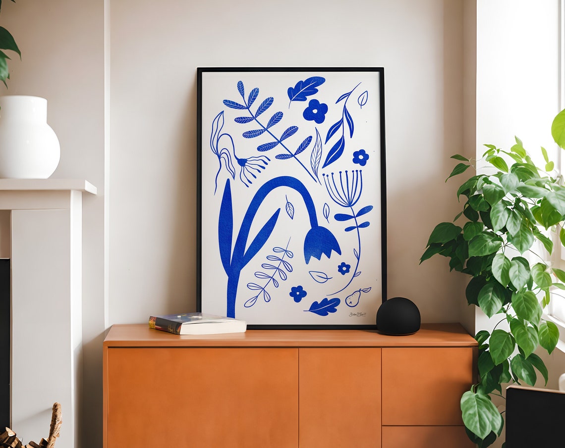 Blue Floral Line Art Nordic Botanical Minimalist Illustration Poster