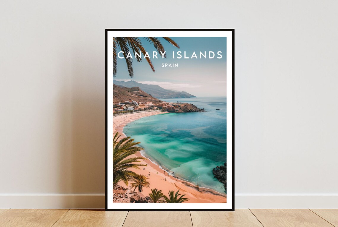 Canary Islands Spain Beach Palms Turquoise Sea Travel Poster