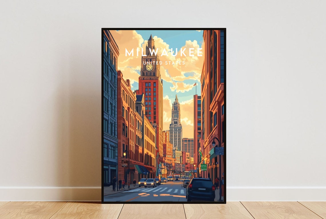 Milwaukee Wisconsin Historic Downtown Clock Tower Street Poster