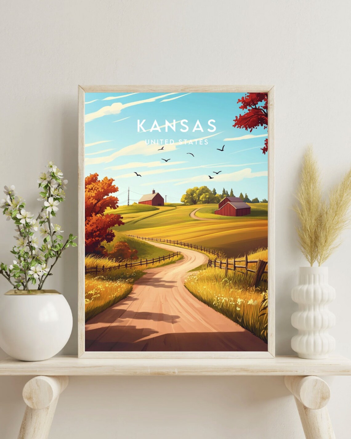 Kansas Countryside Dirt Road Red Barn Autumn Landscape Travel Poster - Image 4
