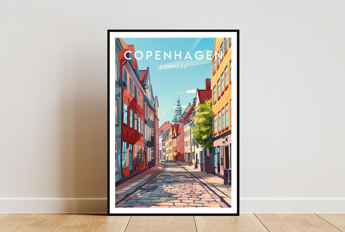 Copenhagen Denmark Colorful Cobblestone Street Travel Poster