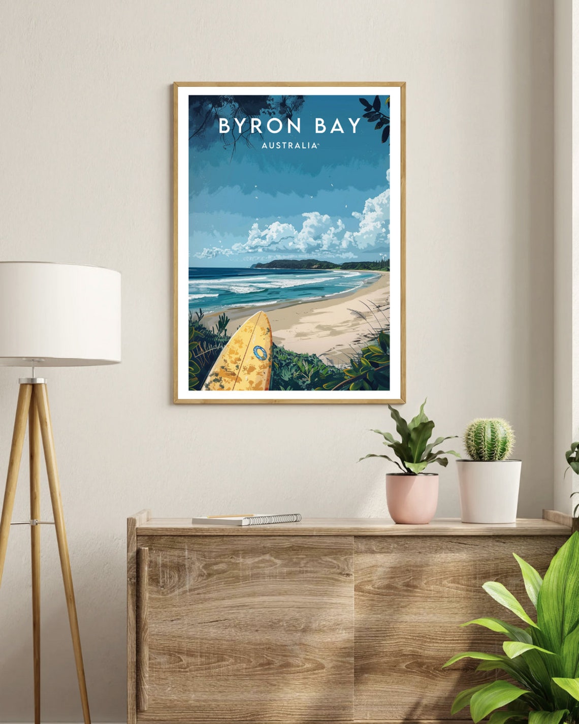 Byron Bay Australia Surf Beach Yellow Surfboard Vintage Travel Poster - Image 3