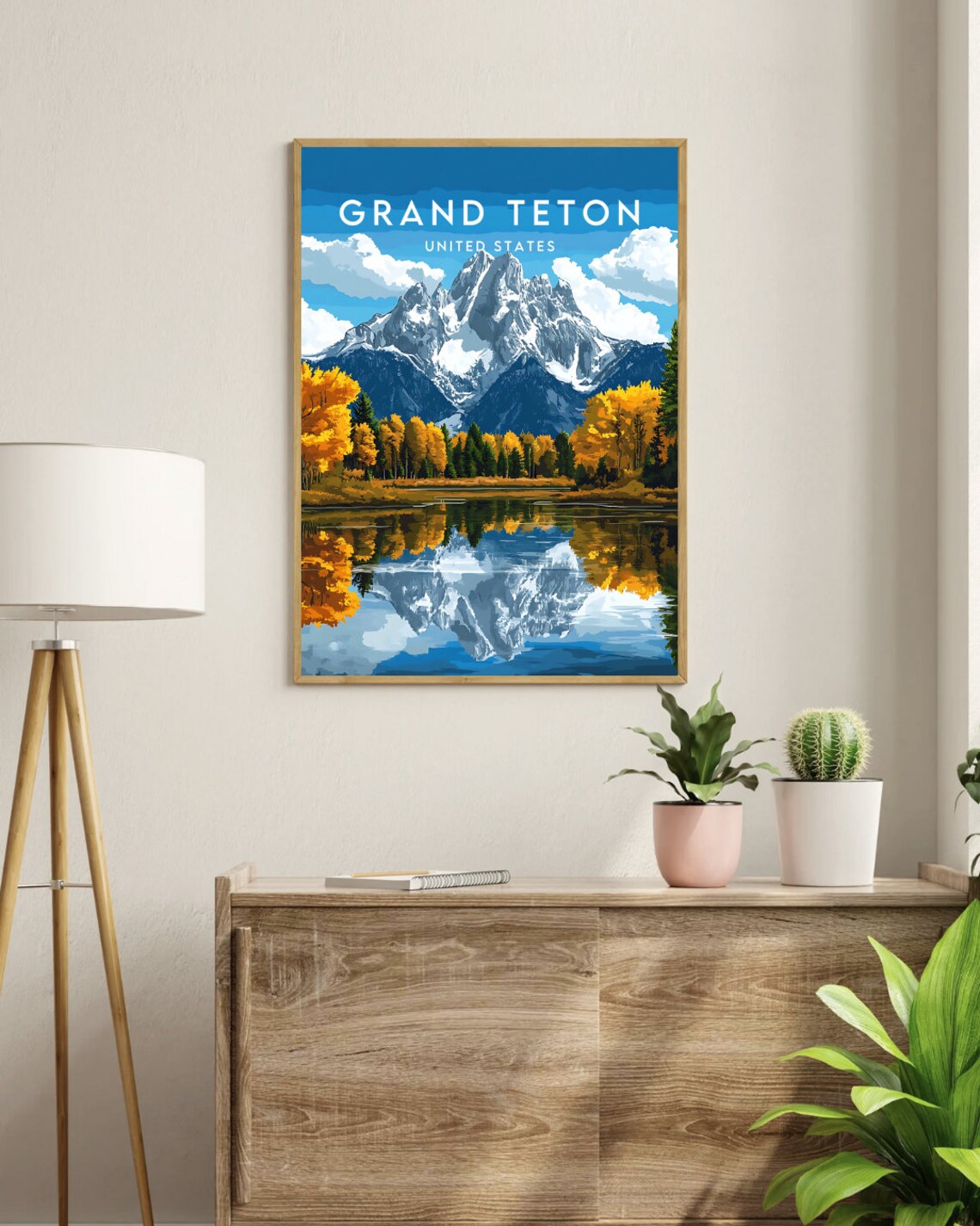Grand Teton Wyoming USA Mountain Lake Reflection Vintage Travel Poster - Image 3