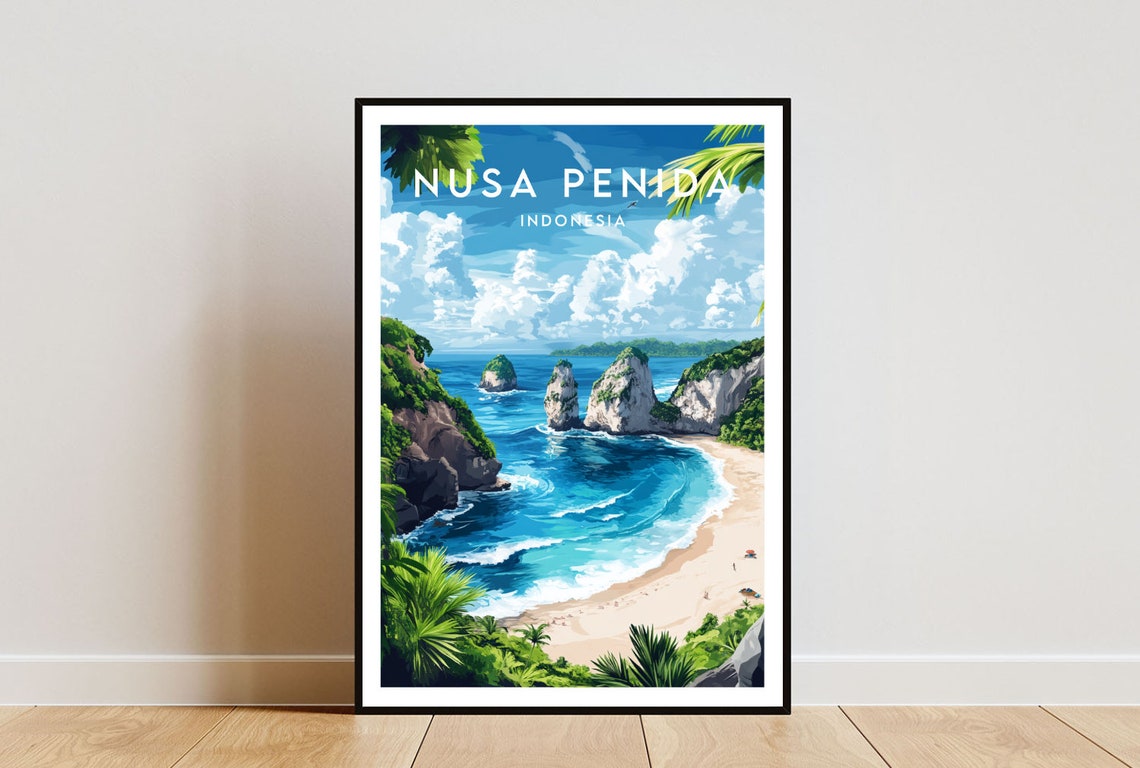 Nusa Penida Indonesia Cliff Beach Turquoise Cove Travel Poster
