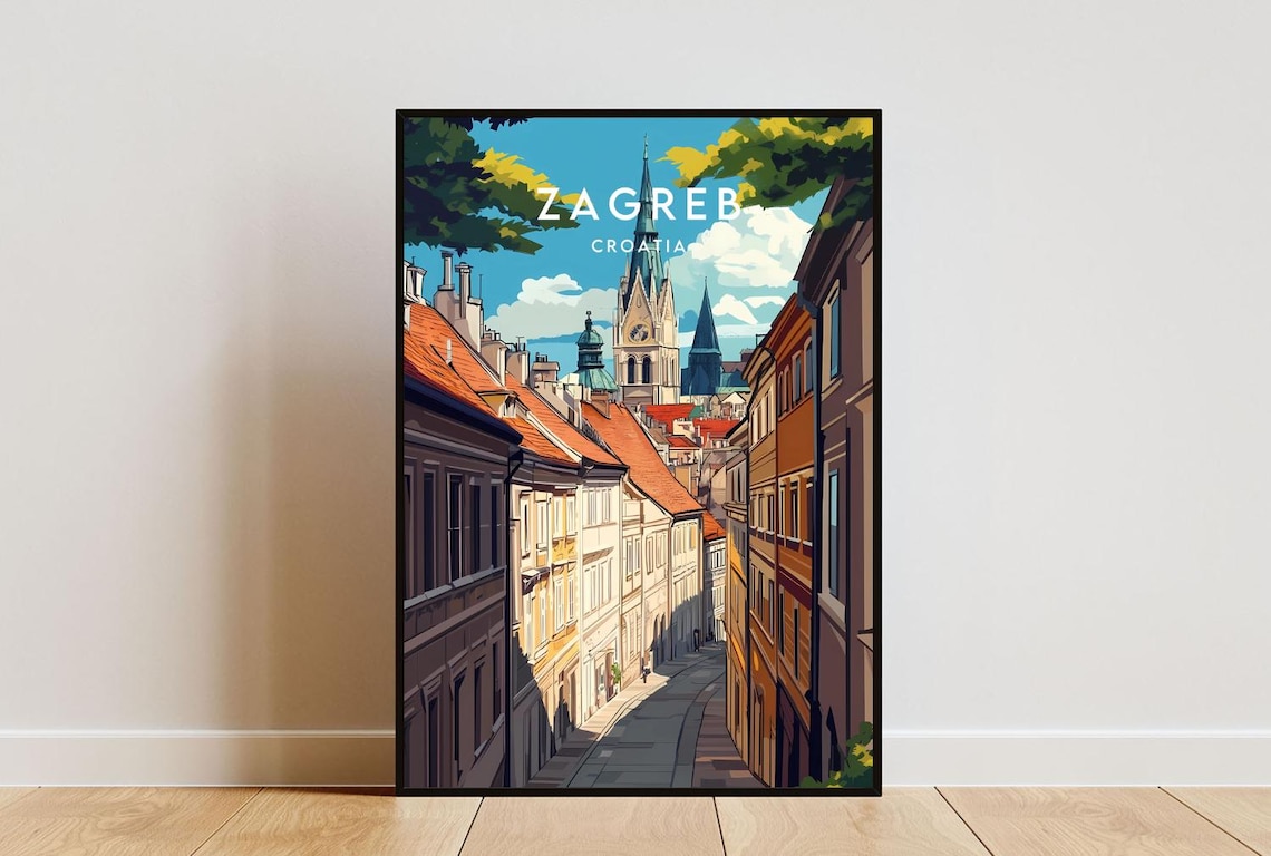 Zagreb Croatia Historic Old Town Cathedral Street Travel Poster
