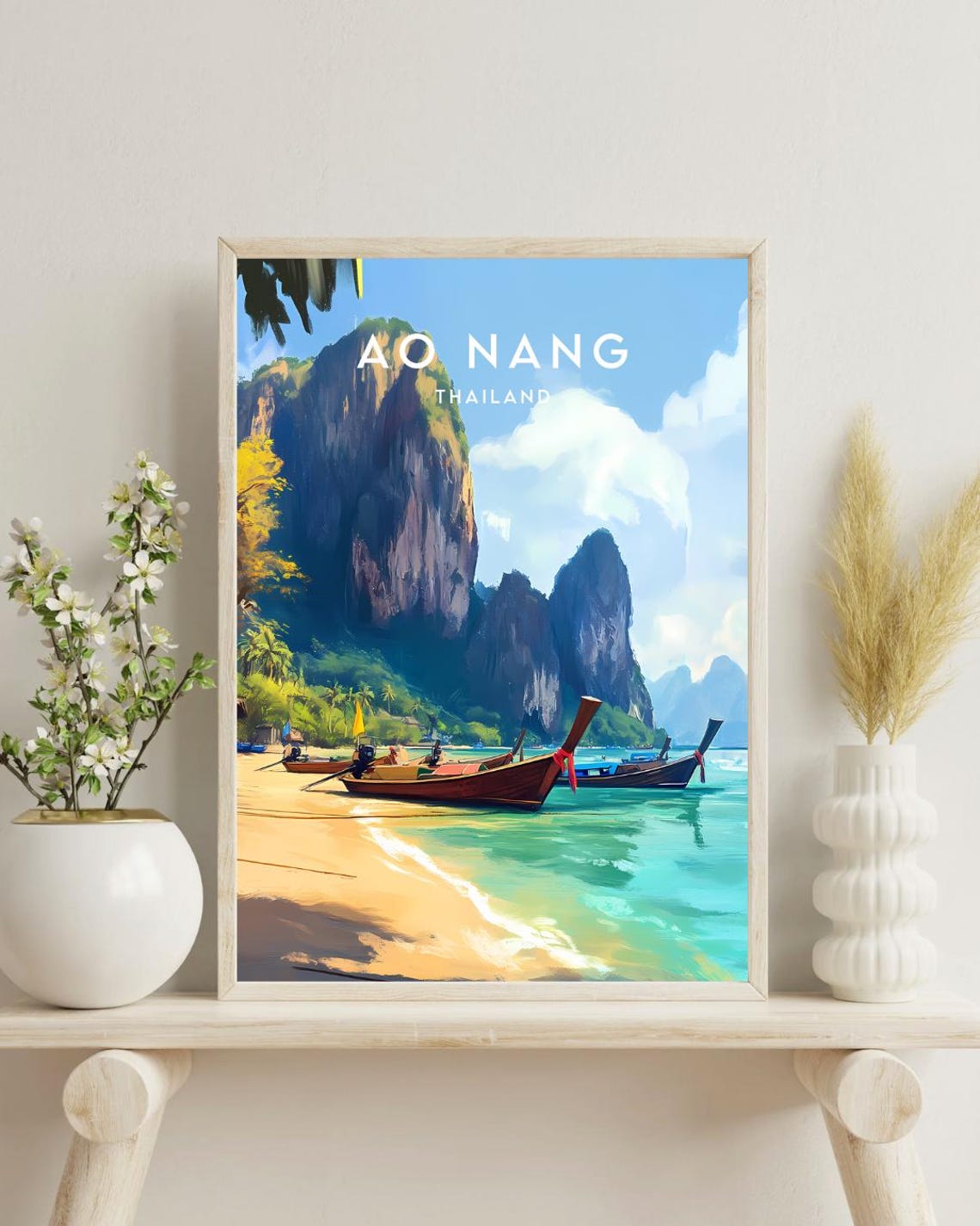 Ao Nang Thailand Limestone Cliffs Longtail Boats Beach Travel Poster - Image 4