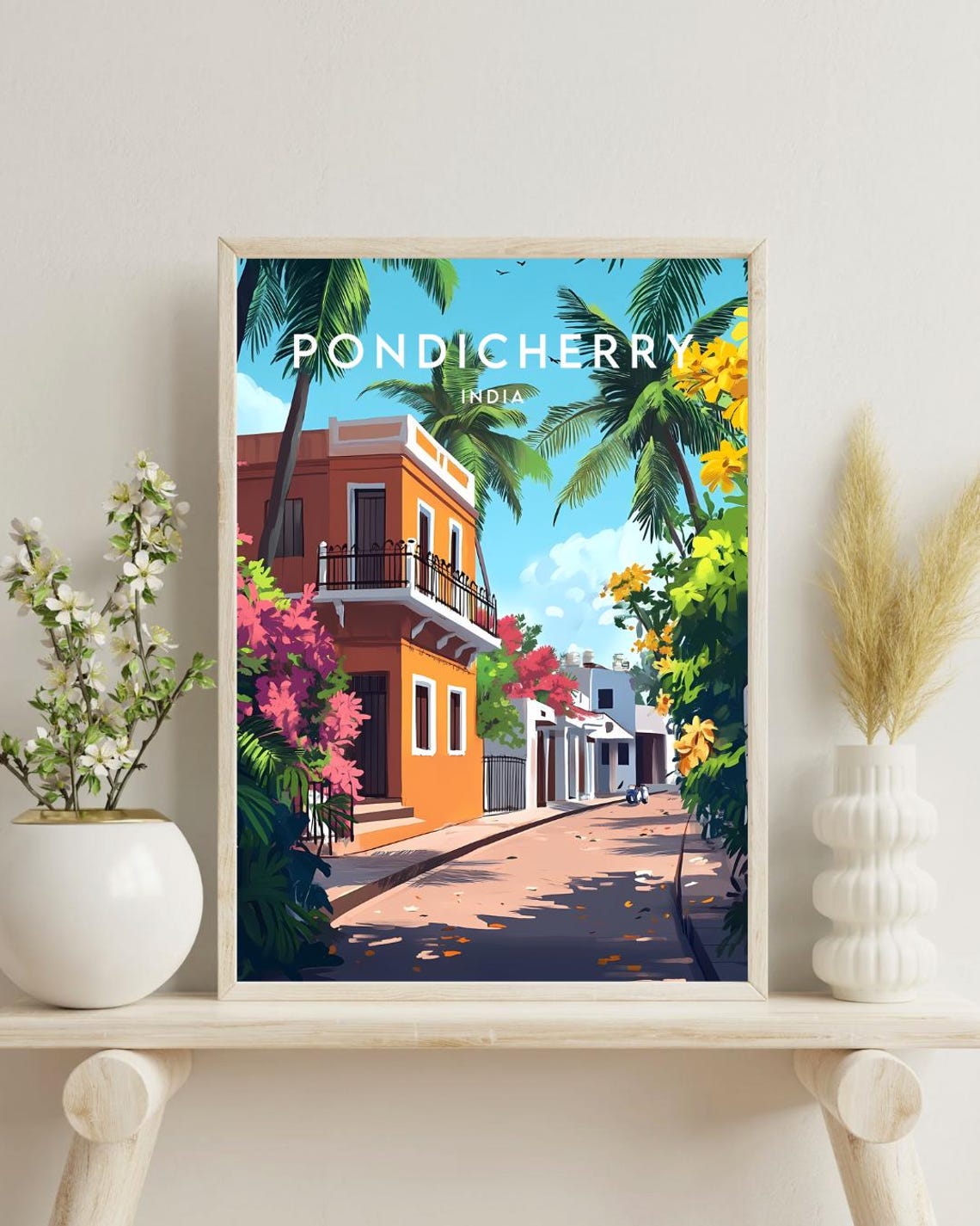 Pondicherry India French Colonial House Palms Vintage Travel Poster - Image 4