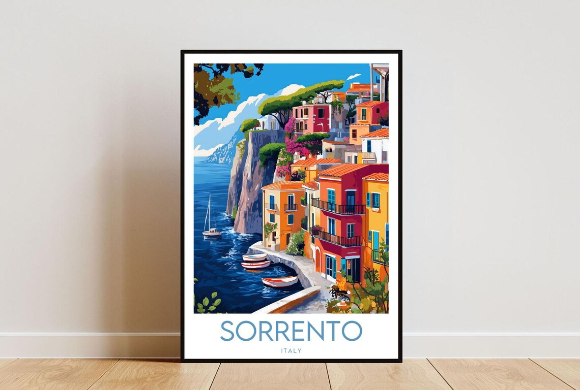 Sorrento Italy Cliffside Coastal Town Boats Travel Art Poster