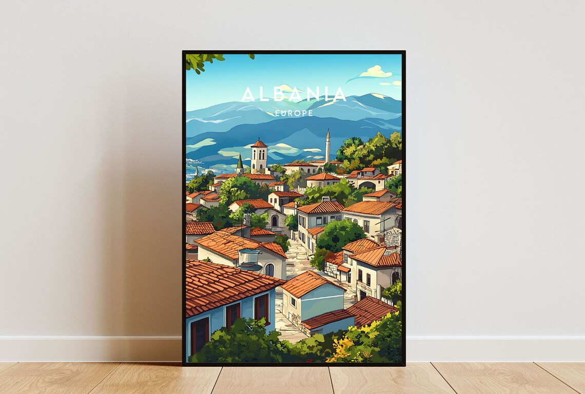Albania Europe Red Roof Hillside Village Vintage Travel Poster