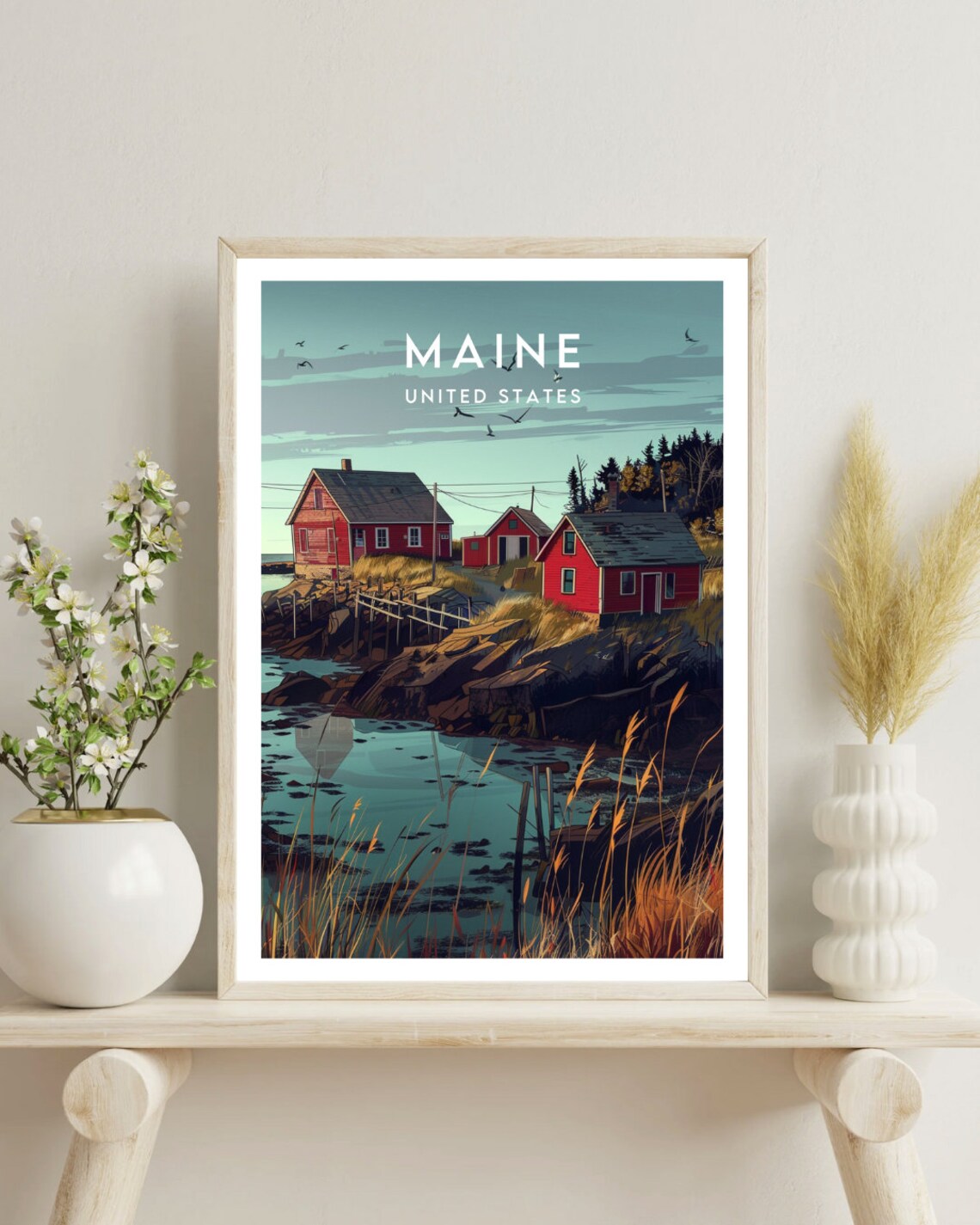 Maine United States Red Fishing Cabins Rocky Coast Dusk Travel Poster - Image 4