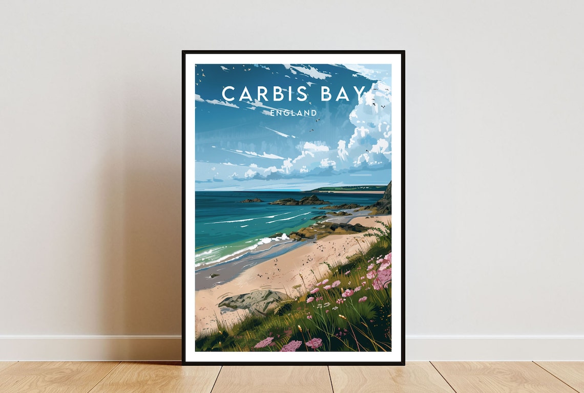 Carbis Bay England Sandy Beach Turquoise Sea Wildflowers Poster