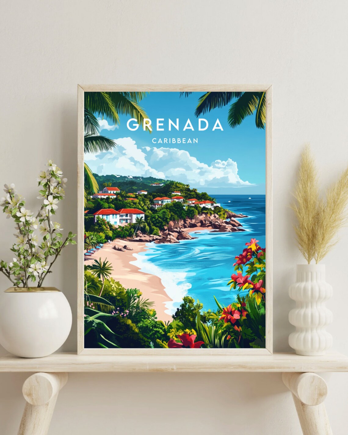 Grenada Caribbean Tropical Cove Red Roof Houses Beach Travel Poster - Image 4