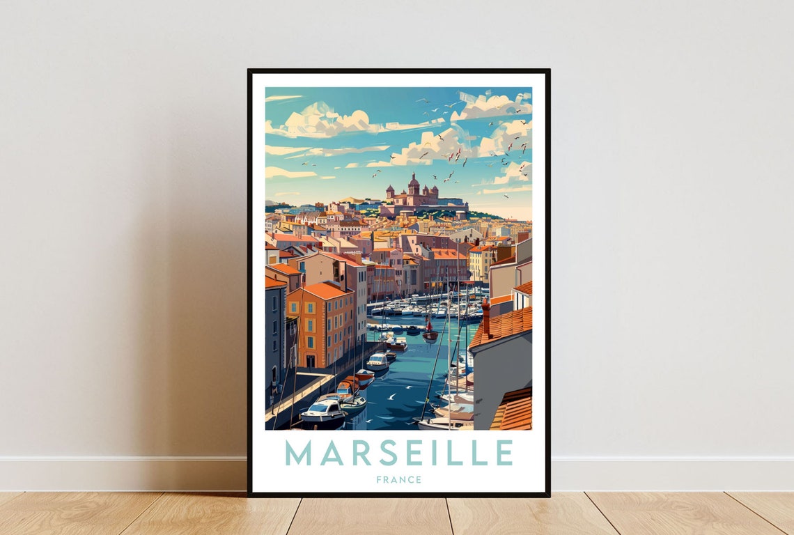 Marseille France Old Port Boats and Hillside Basilica Art Poster