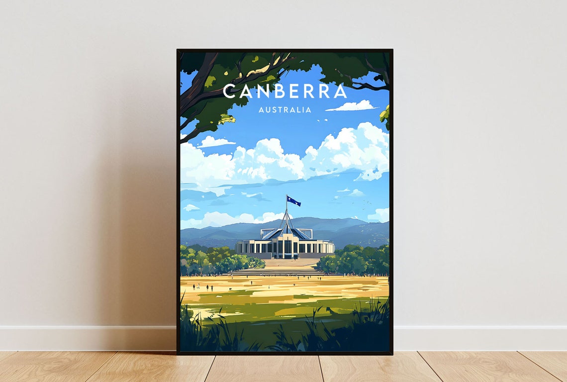 Canberra Australia Lakeside Capital Skyline Vintage Travel Poster