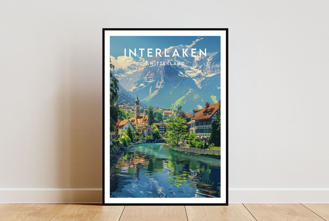 Interlaken Switzerland Alpine Lake Town Reflection Travel Poster