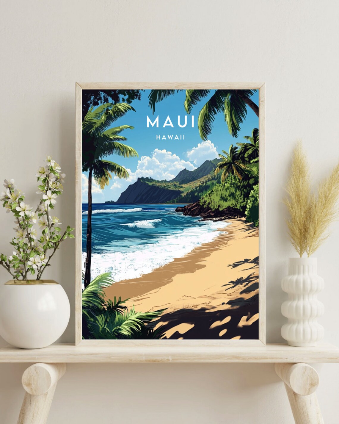 Maui Hawaii Tropical Beach Palm Trees Ocean Cliff Travel Poster - Image 4