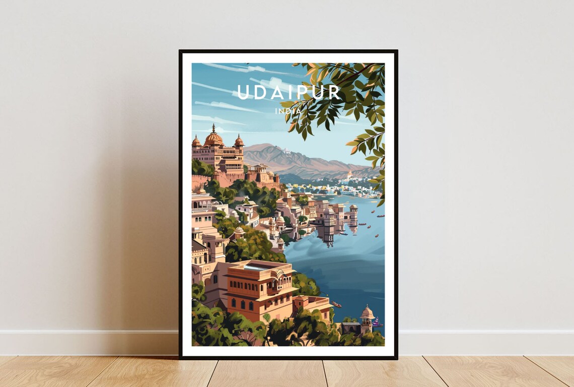 Udaipur India Lake Palace City Waterfront Scenic Vintage Travel Poster
