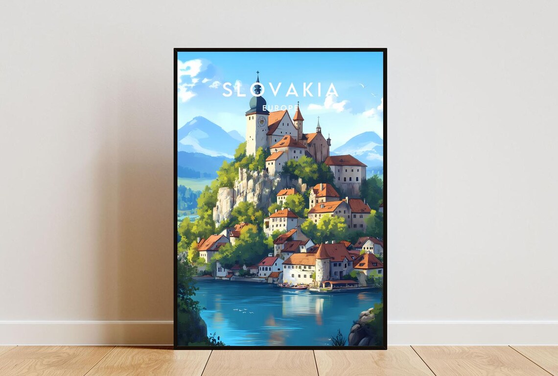 Slovakia Europe Hilltop Castle Lake Village Vintage Travel Poster