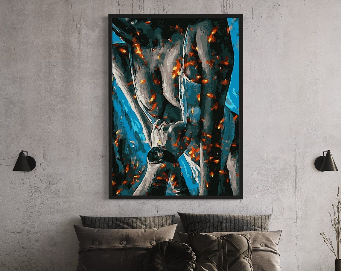 Abstract Blue Figure With Ember Sparks Modern Figurative Poster