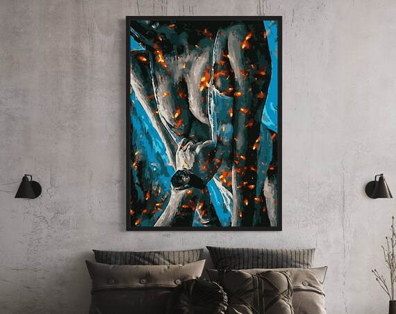 Abstract Blue Figure With Ember Sparks Modern Figurative Poster