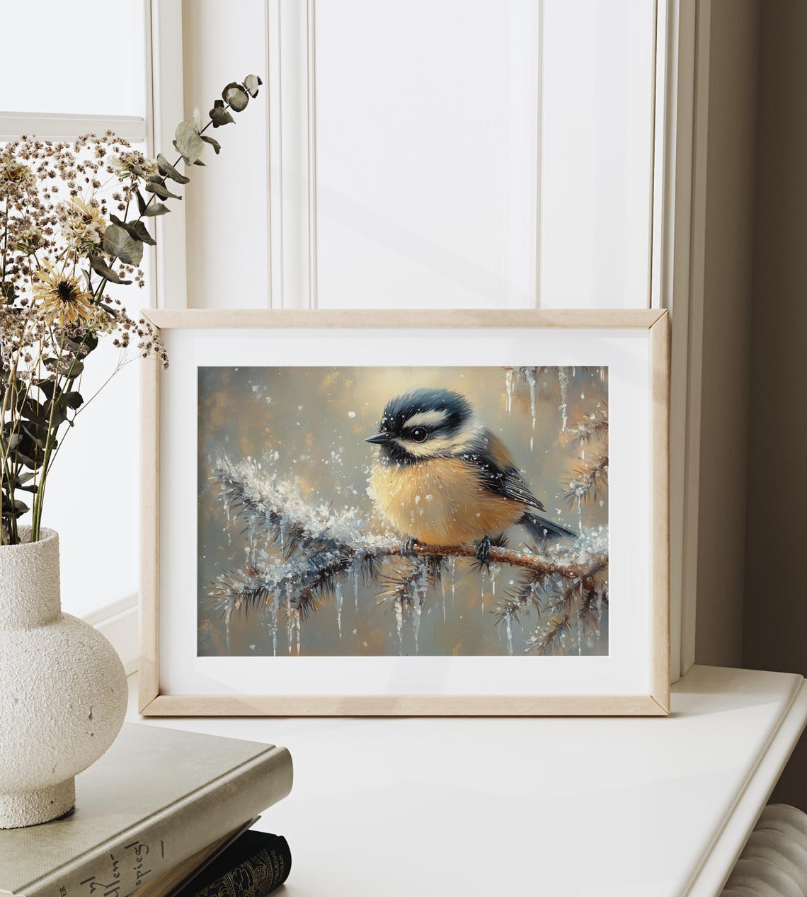 Chickadee On Icicle Draped Branch Glittering Snow Winter Art Poster - Image 3