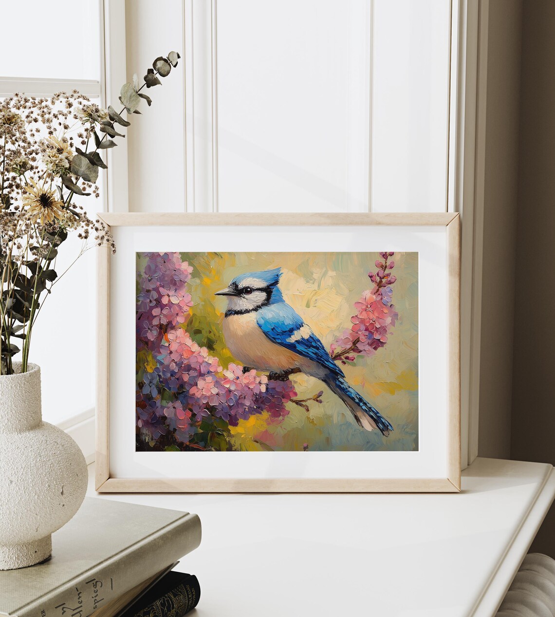 Blue Jay Among Lilac Blossoms Spring Impasto Oil Painting Art Poster - Image 3