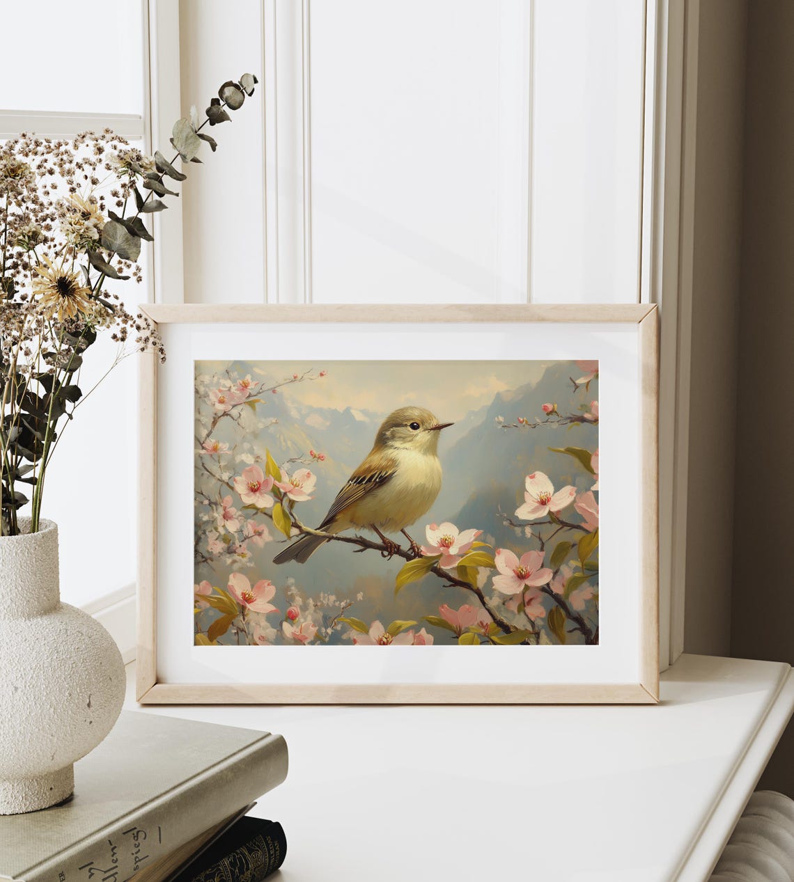 Kinglet Bird on Cherry Blossom Branch With Hazy Mountain Spring Scene - Image 3