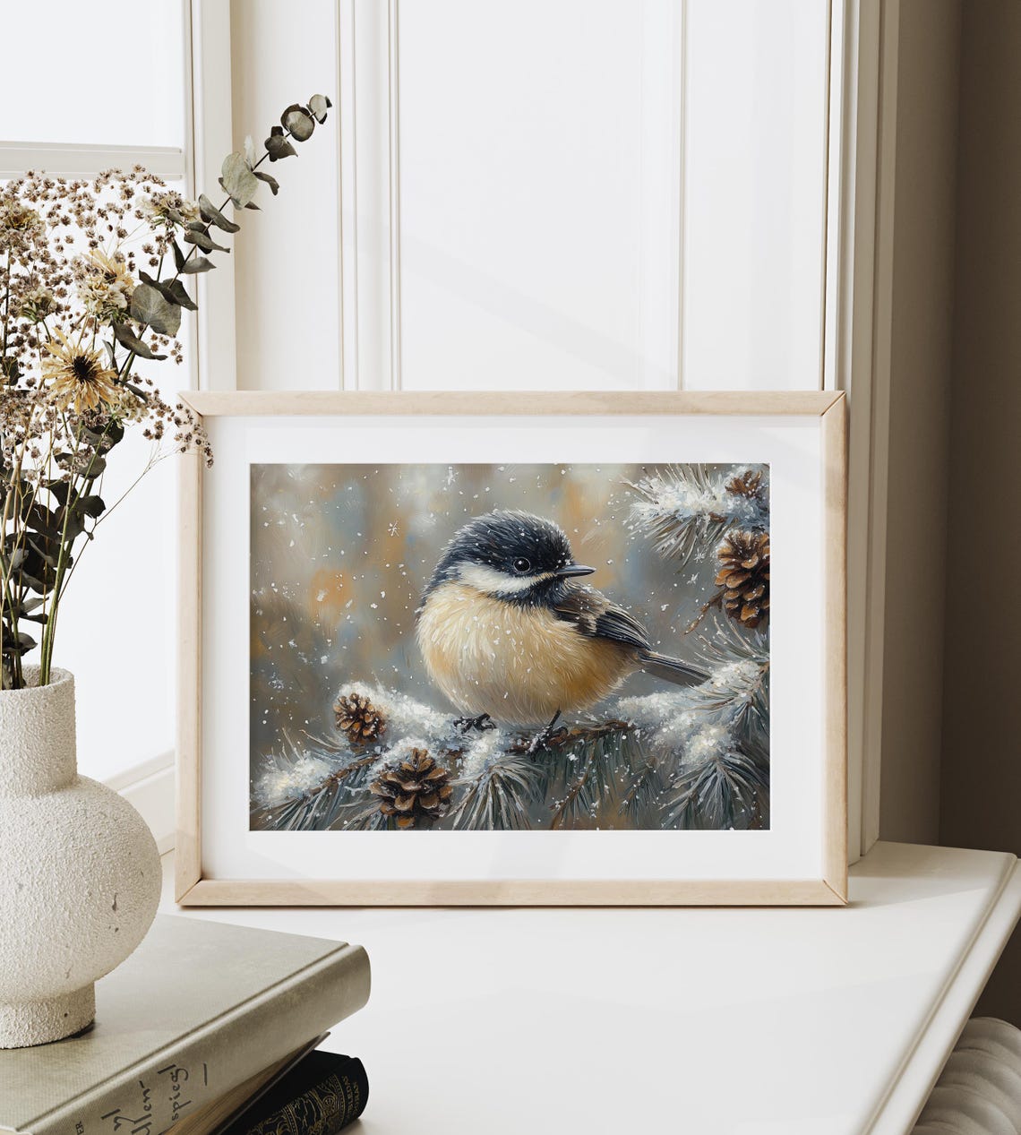 Chickadee On Snowy Pine Branch With Pinecones Winter Scene Poster - Image 3
