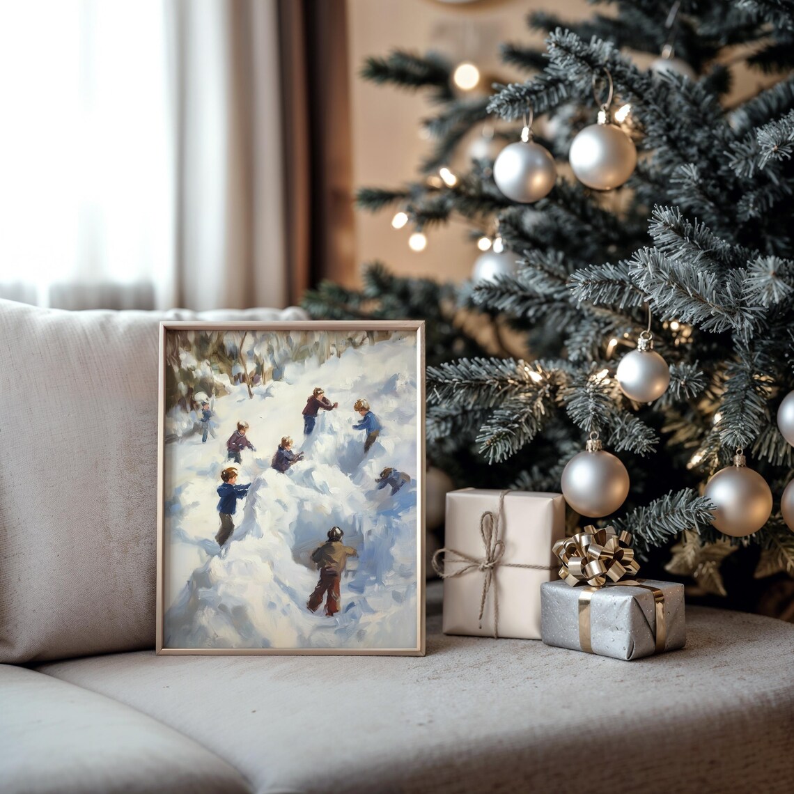 Children Building Snow Forts Rustic Winter Art Print - Image 2