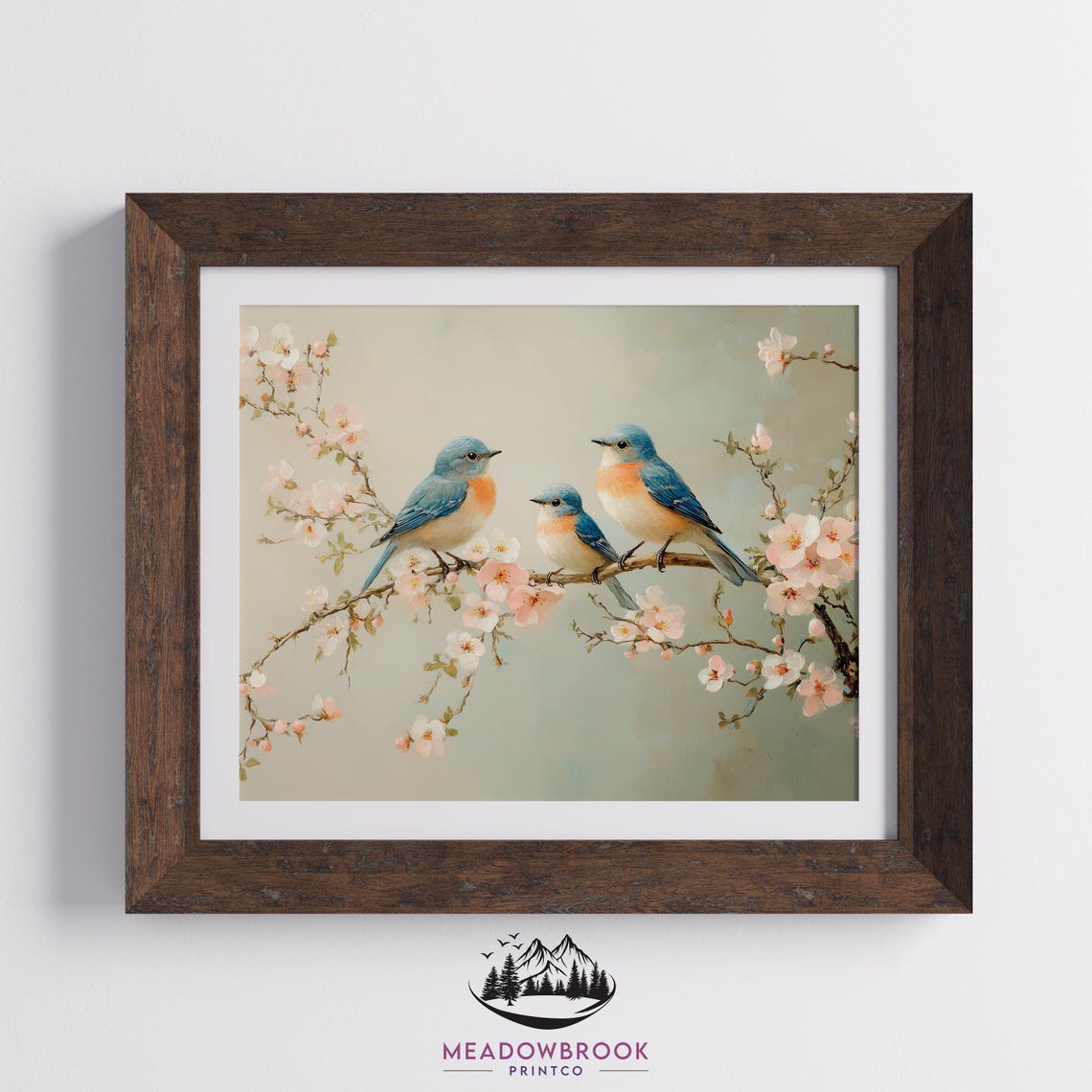 Three Bluebirds On Blooming Branch Spring Cherry Blossom Nature Poster - Image 2