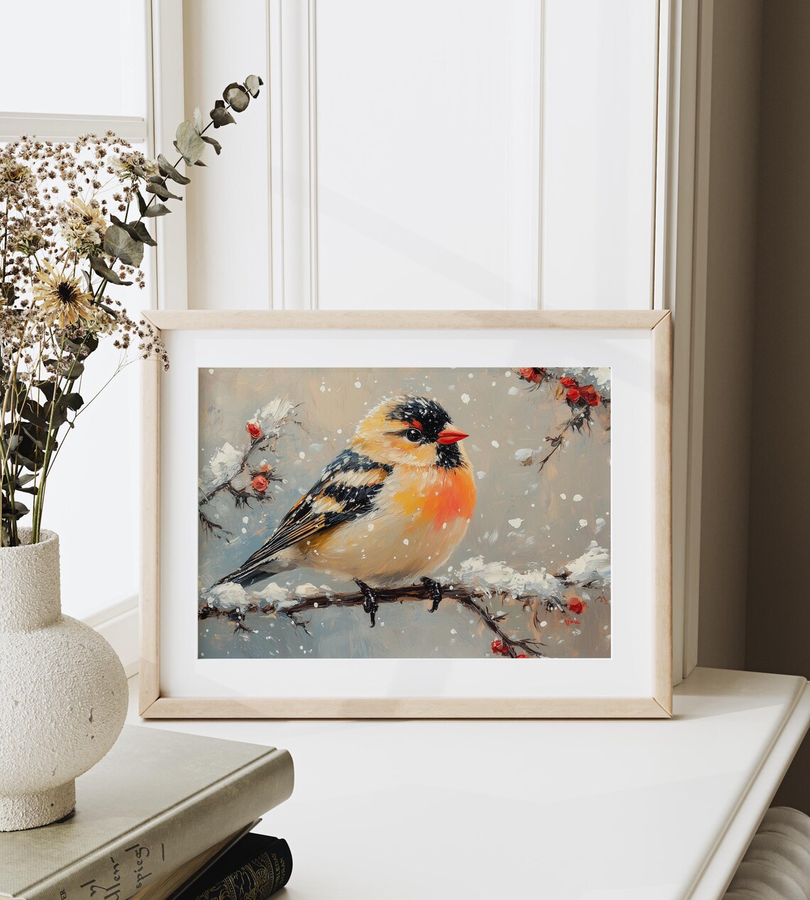 Golden Breasted Finch In Falling Snow Berry Branch Winter Poster - Image 3